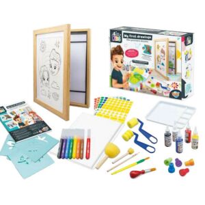 Комплект за рисуване BUKI Моите първи рисунки за деца, включва дървена рамка, маркери, бои, печати, шаблони, стикери и хартия - Комплект канцеларски материали