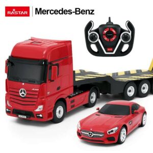 Rastar Mercedes-Benz Actros 1:26 skala czerwony samochód ciężarowy zdalnie sterowany z przyczepą i samochodem - Figura, DIY, Pojazd zdalnie sterowany, Deskorolka elektryczna, Zabawkowy karabin, nabój, Samochód do gier, Autostrada i parking i Figurka bajkowego bohatera