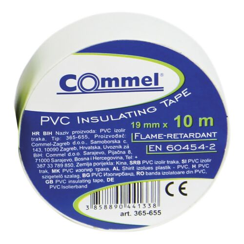 Commel 19mm x 10m fehér PVC szigetelőszalag, lángálló, EN 60454-2
