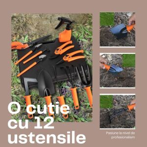 Колаж на 12-частен комплект градински инструменти Flippy, показващ инструментите в употреба и в куфара за носене - Набор от инструменти