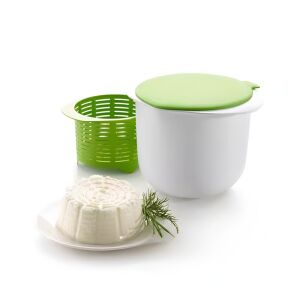 Flippy Cheese Maker: Prepară brânză proaspătă acasă cu acest set ușor de utilizat. Include recipient, filtru și capac. Brânză proaspătă prezentată. - Cutii alimentare