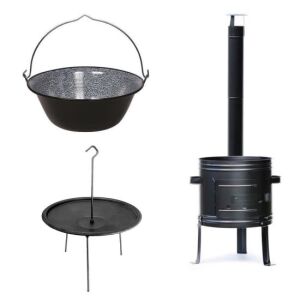 Set de gătit în aer liber: cazan emailat, disc din fontă, trepied, coș de fum - Mercaton