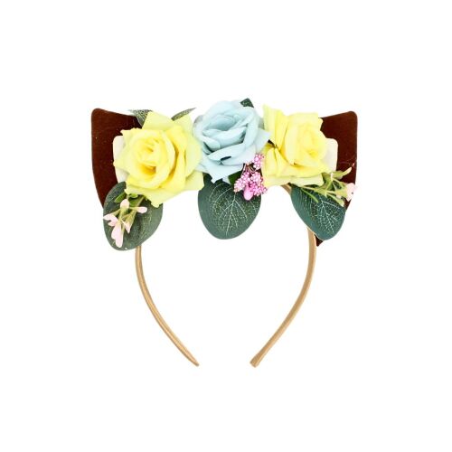 Brązowe uszy modelują koronę włosów z żółtymi różami 114214979