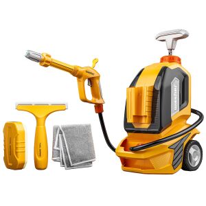 Set de spălare a mașinilor pentru copii de culoare galbenă, cu accesorii, inclusiv un pulverizator de apă, un burete, o racletă și o cârpă - Flippy