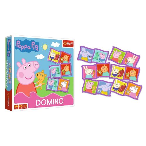 Peppa Pig Domino játék doboz, Peppa Piggel és barátaival, domino csempékkel az oldalon