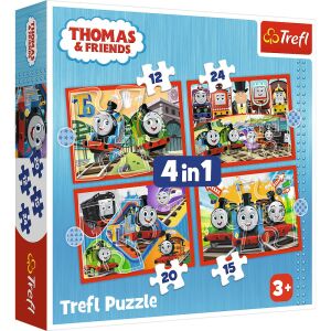 Cutie de puzzle Trefl 4 in 1 Thomas și prietenii, cu 4 puzzle-uri diferite cu Thomas și prietenii săi - Puzzle 3D & Puzzle cu burete