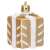 Gold Christmas tree ornament shaped like a gift box with white glitter details