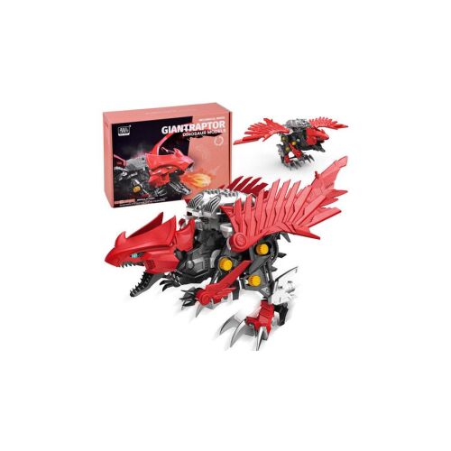 Óriás Raptor dinoszaurusz modell, építhető, mozgatható, piros, fekete, ezüst, játék 