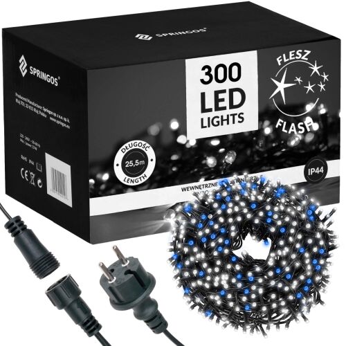 Springos 300 LED Christmas Lights, Cool White and Blue Flash, with Box and Connectors