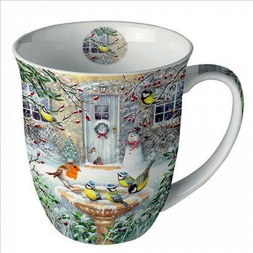 Ambiente Joy bath porcelánbögre téli mintával, ház, hóember és madarak - Ambiente