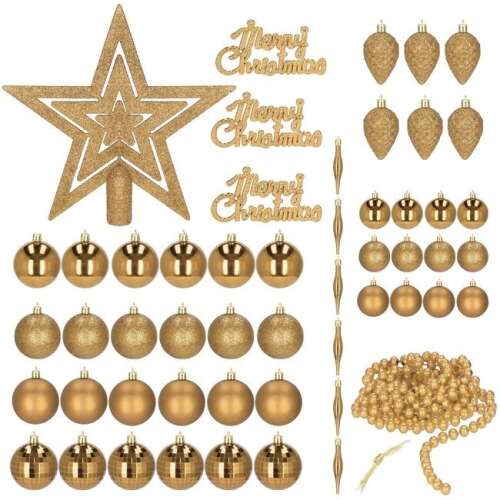 Set de 51 de ornamente aurii de Crăciun cu stea, globuri, conuri de pin, țurțuri și ghirlandă