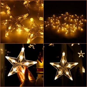 Kollázs meleg fehér csillagos fényfüggönyről, beltéri/kültéri dekoráció - Springos