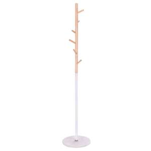 Springos standing coat rack with wood effect and marble base, 172cm, white and brown - Standing hanger