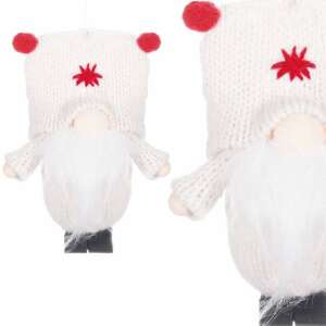 Springos fehér kötött manó karácsonyfadísz, 8 cm magas, piros pomponokkal és csillaggal a sapkán - Springos