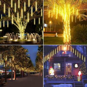 Kollázs a Jégcsap meleg fehér LED meteoreső fényekről különböző beállításokban - Springos