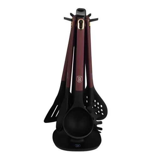 Berlinger Haus Leonardo Collection 6 piece kitchen utensil set with stand, black and burgundy silicone utensils, heat resistant, PFOA, LEAD and cadmium free