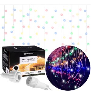 Springos Fényfüggöny 300 LED Eiszapfenlichter Collage mit Verpackung und Anwendungsbeispiel - Weihnachten
