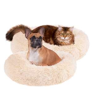 Springos Donut Hundebett und Katzenbett, Creme, 40 cm, mit einer Französischen Bulldogge und einer Sibirischen Katze, die sich darin entspannen - Schlafplatz für Hunde