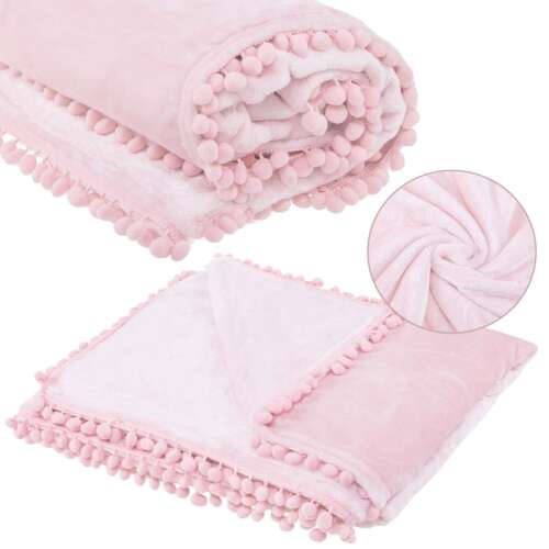 Springos Pomponos plüss ágytakaró, 200x220 cm, rózsaszín