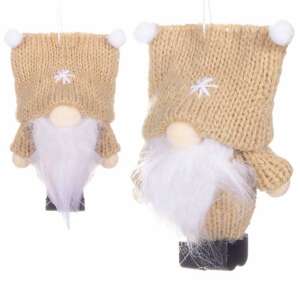 Két bézs kötött manó karácsonyi dísz fehér pomponokkal és hópehellyel a sapkán, 8 cm magas - Springos