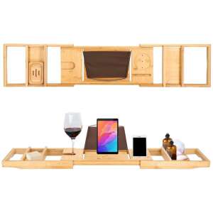 Springos raft de cadă din bambus reglabil cu suport pentru tabletă, suport pentru pahar de vin și suport pentru telefon - Raft pentru baie