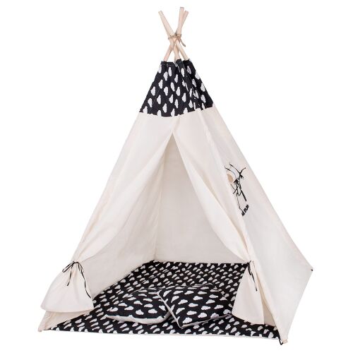 Springos Schwarz-Weißes Wolkenmuster Tipi Zelt für Kinder mit Spielmatte und Kissen