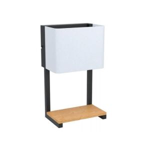 Galdakao Fali LED lámpa, fekete fém, fehér szövet árnyékkal és fa polccal, meleg fehér fény - Fali lámpa