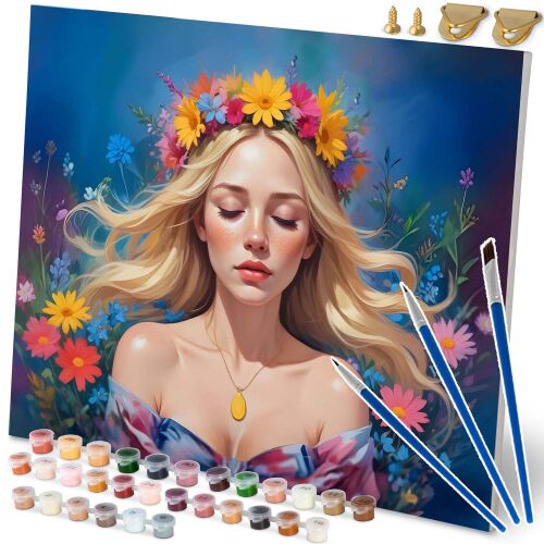 Massido Paint by Numbers Kit, 40x50cm, Woman Portrait, includes paints, brushes, canvas, and hanging hardware