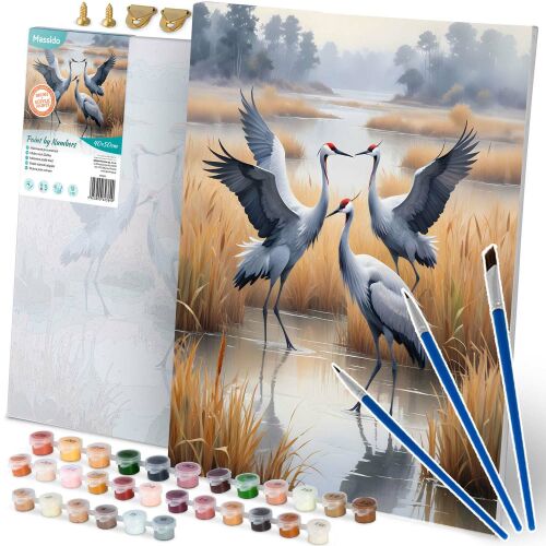 Massido Paint by Numbers Kit 40x50cm - Cranes, complete set with canvas, paints, and brushes