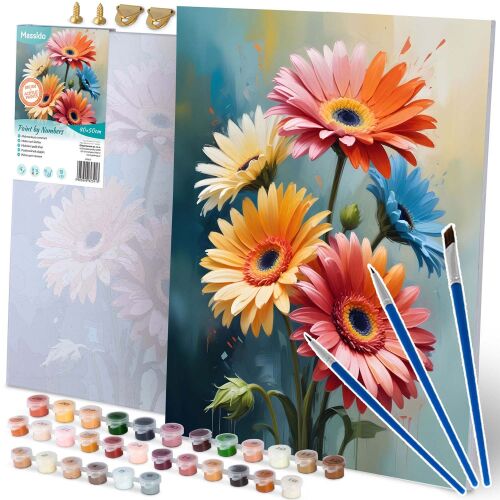 Massido Flowers Paint by Numbers Kit 40x50cm, complete set with canvas, paints, and brushes