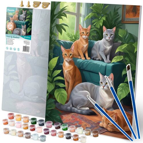 Massido Paint by Numbers Kit 40x50cm - Cats, complete set with canvas, paints, and brushes