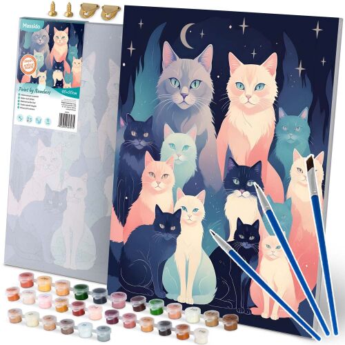 Massido Paint by Numbers Kit 40x50cm - Cats, complete set with canvas, paints, and brushes