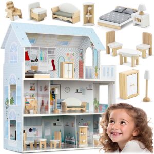 Ricokids căsuță de păpuși din lemn albastru cu 11 piese de mobilier și un copil care se joacă - Ricokids