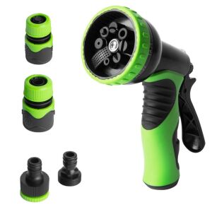 Mercaton szórópisztoly állítható permetezővel, 8 funkcióval, ergonomikus műanyag fogantyúval, 1/2", 2 1/2" csatlakozókkal, 1 1/2" - 3/4" adapterrel és 3 gumi tömítéssel 114349530 - Locsolófej