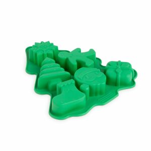 Formă de copt din silicon verde în formă de brad de Crăciun cu 6 forme diferite: fulg de nea, brad de Crăciun, om de turtă dulce, Moș Crăciun, cadou și cizmă - Forme de coacere