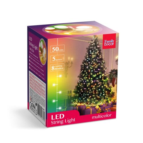 Family Decor LED fényfüzér, 50 LED, 5 méter, 8 mód, többszínű