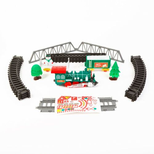 Set de tren de Crăciun cu șine, pod, copaci, om de zăpadă și vagonul lui Moș Crăciun