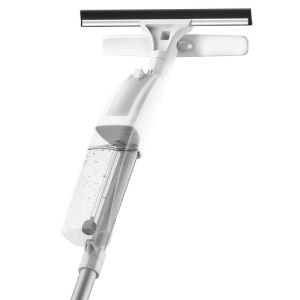 Curățător de geamuri telescopic Flippy cu pulverizator integrat, vedere apropiată care arată rezervorul de apă și racletă - Flippy