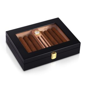 Humidor trabucuri din cedru cu umidificator, higrometru si capac de sticla pentru 10-15 trabucuri, negru
