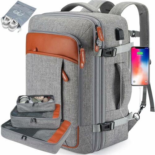 Grauer Reise-Rucksack mit erweiterbarer Kapazität, USB-Anschluss und 4 Packwürfeln