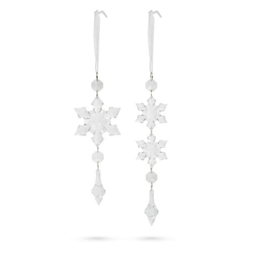 Set de 2 ornamente transparente pentru pomul de Crăciun în formă de fulg de nea cu agățătoare din panglică de organza