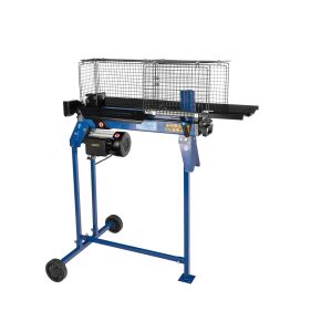 Geko G72198 elektromos rönkhasító állvánnyal, 7T, 2200W, elülső nézetből, látható az állvány, a kerekek és a biztonsági ketrec - Rönkhasító