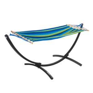 Keltin K02392 hamak ogrodowy ze stojakiem, niebiesko-zielony materiał w paski, czarna metalowa rama - Rozkładane łóżko i rozkładany fotel