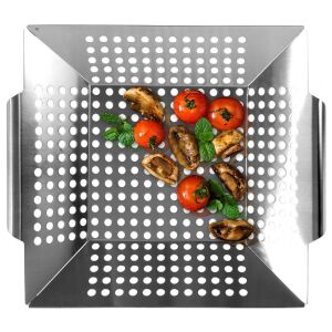 Vaggan Grillkorb für Gemüse, gefüllt mit gegrillten Pilzen und Tomaten, 35x30x5 cm, silber - Gartengrill, Grillzubehör