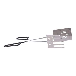 Clește BBQ cromat 38cm - vedere înclinată a cleștelui de grătar cu atașamente de spatulă și furculiță. Ideal pentru grătar și manipularea alimentelor. - Grătar de grădină, unelte de gătit