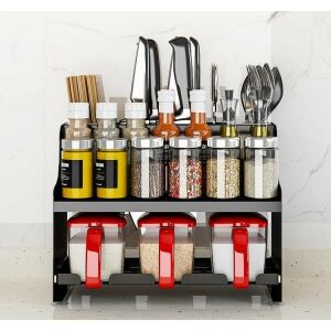 Raft multifuncțional pentru condimente de bucătărie (accesorii de bucătărie cu recipient) - negru, pe două niveluri 114362677 - Rafturi de depozitare pentru bucătărie