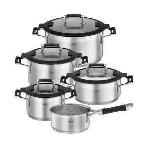 Set de vase din oțel inoxidabil Rosle Silence Pro, 5 piese, cu oale și tigăi cu capace din sticlă - Veselă