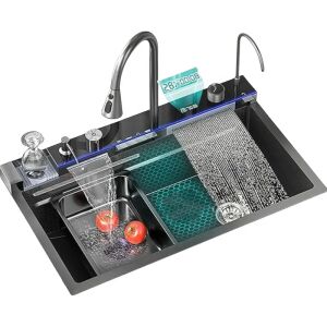 Кухненска мивка от неръждаема стомана с водопад, LED дисплей, прибиращ се разпръсквач, сапунена помпа и 3 функции на потока - Тава за миялна машина