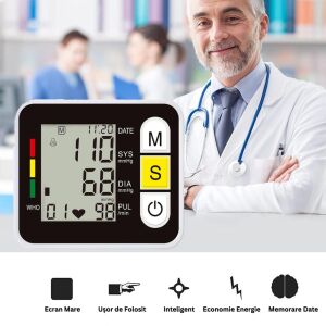 Monitor de tensiune arterială de mână cu afișaj LED mare, care afișează o citire de 110/68, puls 98 și o lumină verde care indică tensiunea arterială normală. Monitorul este alb cu butoane negre și un afișaj negru. - Monitor de tensiune arterială