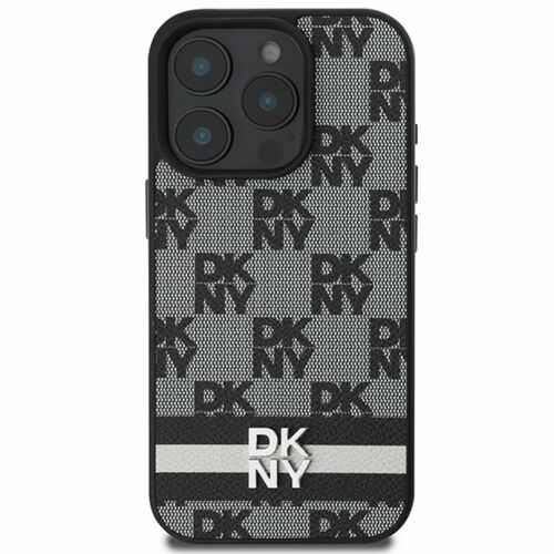 DKNY kockás mintás és nyomtatott csíkos iPhone 16 Pro tok - fekete, elülső nézet - DKNY